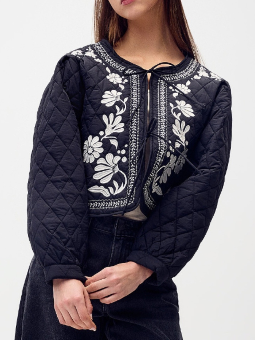 HYFVE black and white boho embroidered flowers quilted jacket NWT